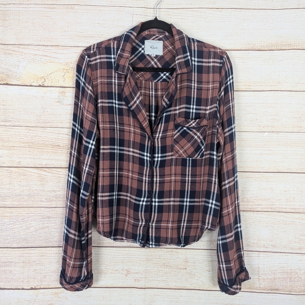 RAILS Women's Size Medium Kellen PJ Lounge Top Flannel Button Front Rose Navy